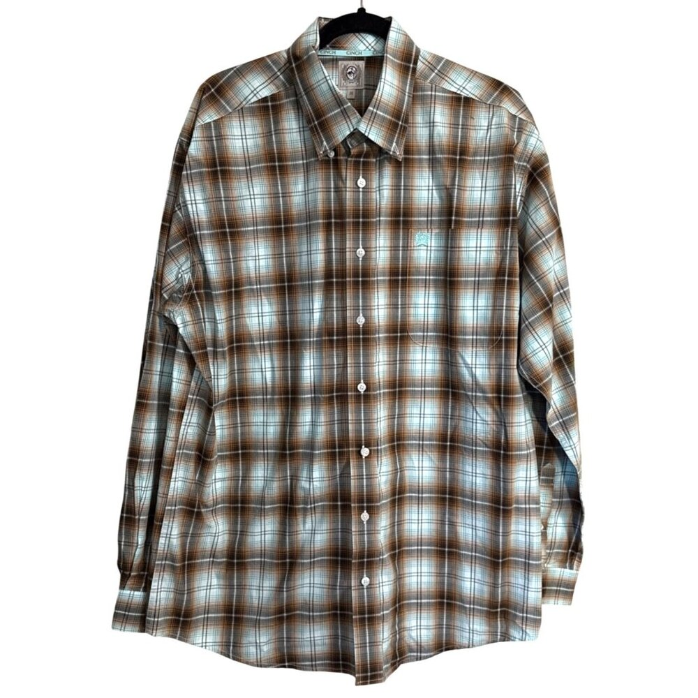 Cinch Mens Western Plaid Long Sleeve Button-Up Shirt Brown & Aqua M